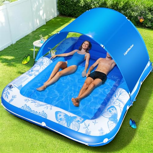 81x60 Inflatable Tanning Pool Lounger Float with Canopy for Adult,Large Blow Up Sunbathing Bed & Water Raft,Butterfly Pool Floatie with Cup/Phone Holder,5 in 1 Floating Lounge for Pool,Lake,Backyard