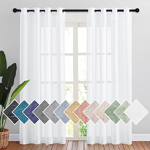 PONY DANCE Leinenoptik Gardinen Weiss Halbtransparent Ösenvorhang 2er Set H 220 x B 140 cm Vorhänge im Landhausstil Voile Gardine für Wohnzimmer