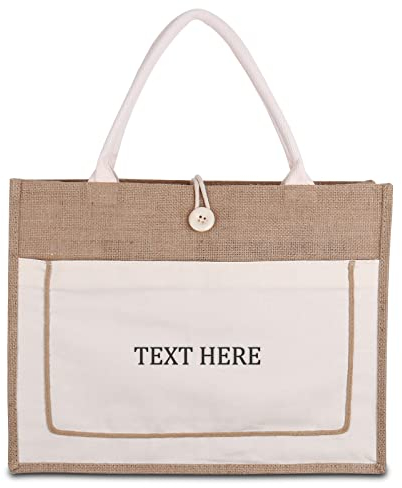 Sinseike Personalisierte Jute Einkaufstaschen Bestickt Text,Jute Strandtasche mit Ihr Wunschtext,Wiederverwendbare Natürliche Jutetaschen (S-Größe)