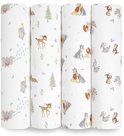 Aden + Anais Essentials Disney Baby-Musselin-Wickeldecken für Neugeborene, 100% Baumwolle, Baby-Wickeltuch, 4er-Pack, Disney + Friends