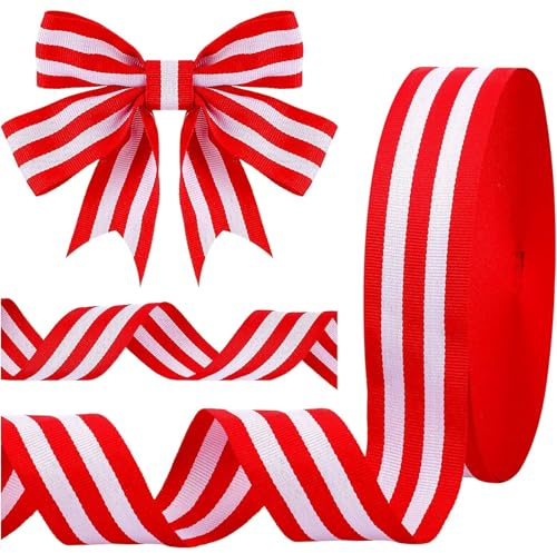 Cinta de Navidad, 50 Yard × 20 MM Cinta de rayas rojas y blancas, Grosgrain Cinta de Tela de Satén Cinta de Envoltura de Regalo, para decoración de Navidad, envoltura de regalos, decoración floral