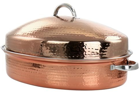 Gibson Home Radiance 17.5 Inch Stainless Steel Copper Plated Oval Roaster with Lid and Roasting Rack