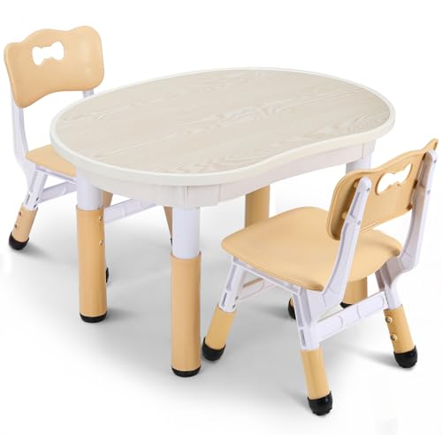 Kindertisch mit 2PCS Stühlen, Packung mit 2 Stühlen, Kindersitzgruppe Höhenverstellbar,Plastik Kinder Tisch Stuhl Set, Erdnussform, Maltisch,Kinder Schreibtisch für Kindertagesstätte/Kindergarten,Gelb
