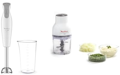 Moulinex Mixeur plongeant, 600 W, 2 vitesses, Poignée ergonomique, Pied antiéclaboussures inox & Hachoir électrique, 400 ml, 300 W, 4 lames, Fonctions 3-en-1, Emince, Hache, Mixe