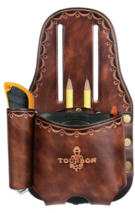 TOURBON - Soporte grande de piel auténtica para cinta métrica de cinturón, bolsa de herramientas con martillo, funda para cuchillos utilitarios, trabillas para lápices