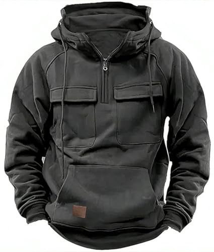 PADOLA Pullover Herren 1/4 Zip Hoodie Cargo Arbeitspullover mit Multi-Taschen Vintage Kapuzenpullover Retro Fleecepullover Langarm Sweatshirt mit Fleece Übergangsjacke Winter (XL, 1 Dunkelgrau)