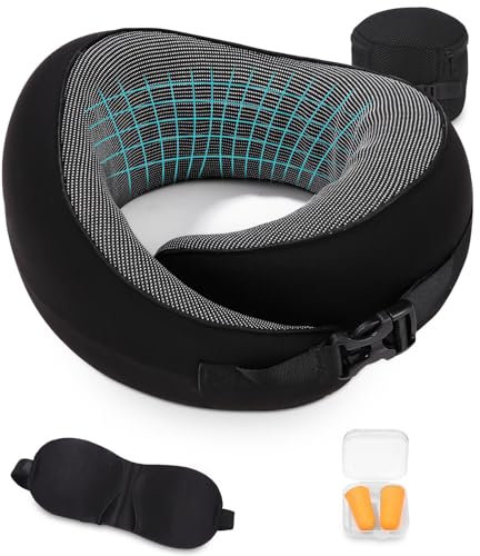 FAOKZE Nackenkissen Flugzeug, Reisekissen Memory Foam, Nackenhörnchen Erwachsene,Flugzeug Kissen Einstellbar und Waschbar, Ergonomisch Gestaltetes Reisekissen mit Ohrstöpseln, Augenmaske,Tragetasche