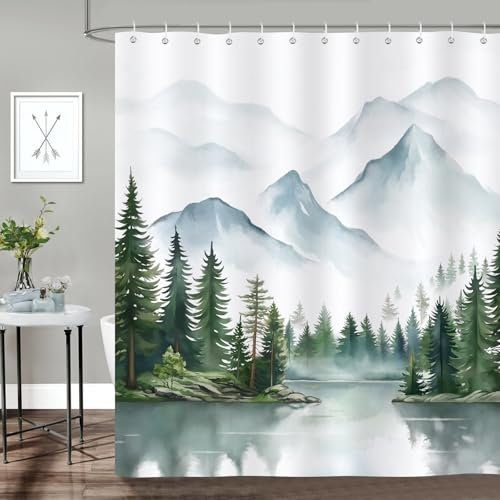 Bonhause Duschvorhang Nebliger Wald Aquarell Grüner Baum Berg Natur Duschvorhänge 180 x 180 cm Anti-Schimmel Wasserdicht Polyester Stoff Waschbar Bad Vorhäng für Badzimmer mit 12 Haken