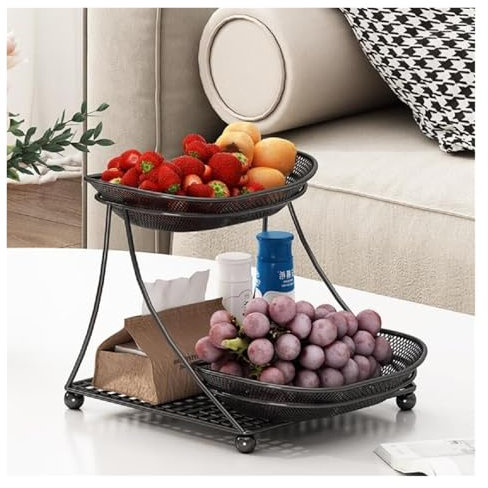 MPMPM Fruit Bowl, Tiered Fruit Basket – 25X23x22cm – Modern Fruit Bowl Large 2 Tier – Fruit Basket Etagere in Metal for Keeping Fruit, Vegetables and Bread Keeps Fruits Fresh,Gold(Black)