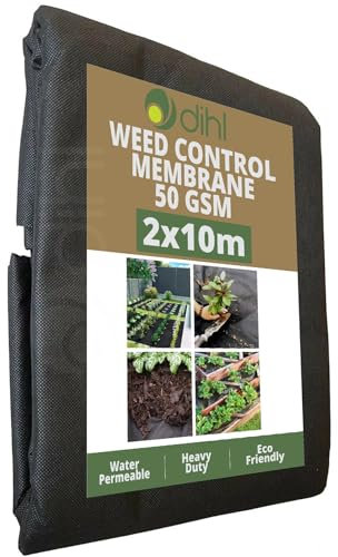 Dihl 2M x 10M Weed Barrier Control Membrane, Non-Woven UV Stabilised Ground Cover, Black, High-Density Polypropylene. For Landscaping, Patios, Flower Beds, Grass, and More. 20M² Coverage