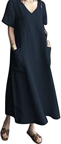 Kvruhuiy Womens Summer Maxi Dress Casual Short Sleeve V Neck Linen Dress with Pockets for Beach, Holidays Navy XXL