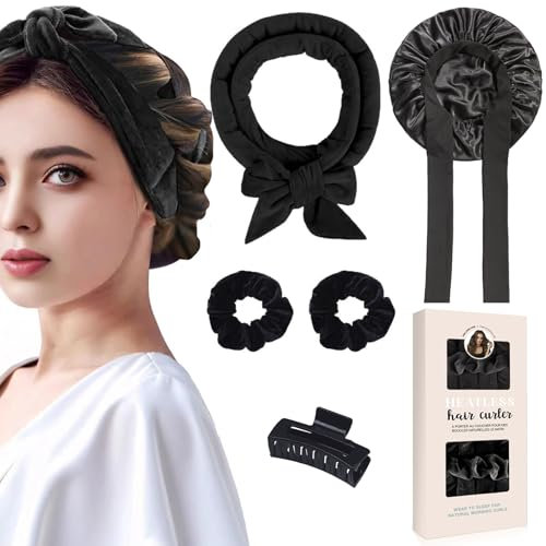 5 Pcs Ferro Arricciacapelli Senza Calore, Bigodini per Styling Capelli, Set di Bigodini per Capelli e Cuffia,Fascia Morbida Curler Arricciacapelli per Capelli Medi Lunghi-Nero