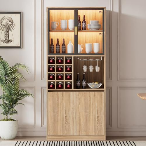 KOMHTOM Vitrine en Verre LED avec Compartiment de Rangement Ouvert et 4 Portes - 80x40x180cm Armoire Moderne - MDF - Buffet en Bois pour Cuisine et Salon (Naturel-A)