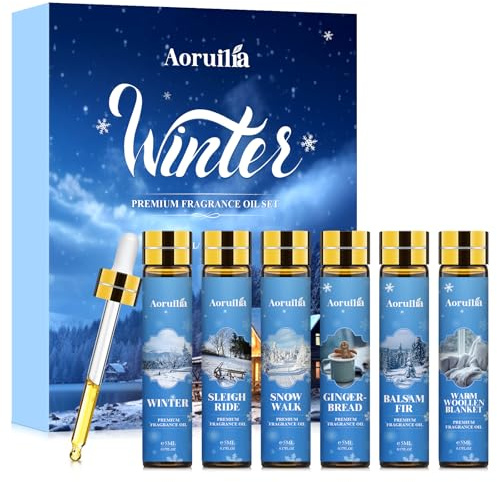 Aoruilia 6 x 10ml Winter Fragrance Oils Set, Natural Essential Oil for Diffusers for Home, Aromatherapy, Candle Making - Winter, Warm Woollen Blanket, Balsam Fir, Snow Walk, Sleigh Ride, Gingerbread