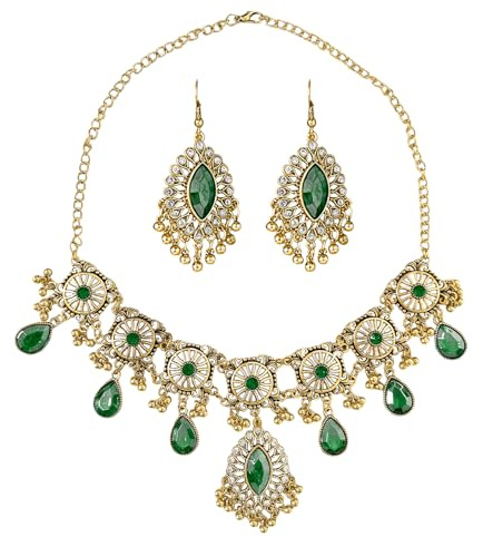 VLYX Traditional Indian Jewellery Set for Women - Necklace & Jhumka Earrings - Boho Ethnic Style for Wedding Party & Festive Accessories (Green)