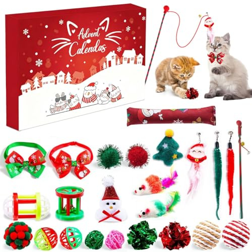 Calendrier de l'Avent 2025 pour Chats, Jouet 2025 Calendrier Avent Chat avec Divers Jouet de Noël pour Chat, Joue-t de Calendrie-r de l'Avent de Chat Interactif, Cadeau Noel pour Chat
