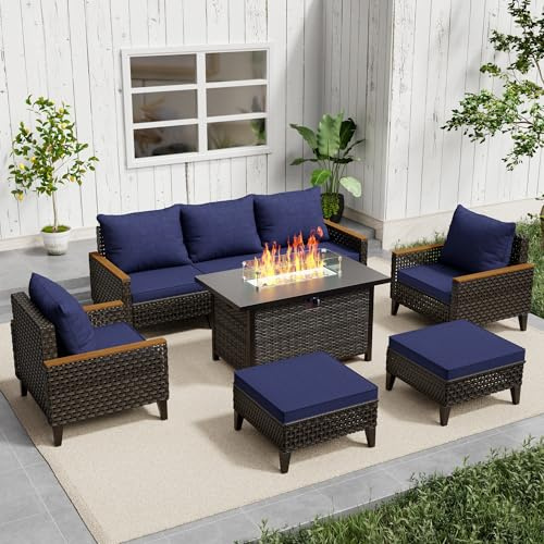 Xmkmvk 8 Piece Patio Sectional Sofa Set with 50000 BTU Fire Pit Table, All-Weather Wicker Rattan Outdoor Conversation Set, High Back, for Garden, Porch, Poolside, Blue