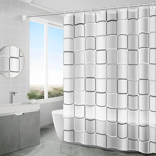 Shower Curtain 200x200 cm Bathroom Curtains Anti Mould Shower Curtain | Waterproof Plastic Shower Curtains, Bath Curtains with Hooks, Washable White Shower Curtains, Checkered