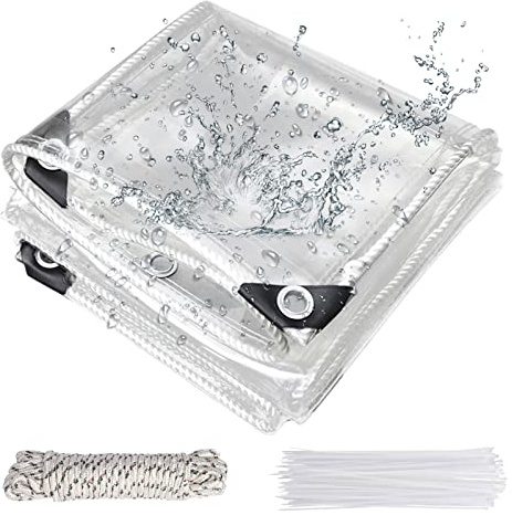Jianyana Telo Trasparente Occhiellato, 1,8 x 2,5 m Telo Impermeabile Esterno In PVC 250 G/M Tenda Trasparente Esterno Telone Impermeabile Per Esterno Multiuso Con Corda Da 10 M, Fascetta