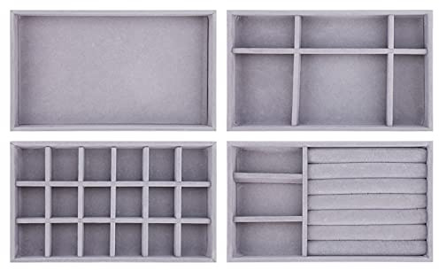 TSLBW Jewelry Trays Organizer Set of 4 Velvet Stackable Jewellery Drawer Organiser Tray Earring Ring Necklace Bracelet Display Showcase Jewelry Storage Trays, 4 Style (Grey)
