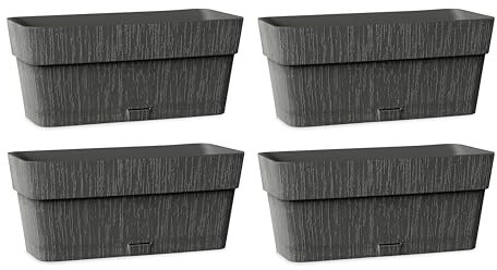 Kigima Pflanzenkasten 4er Set 30x13x12 Anthrazit – Robuster Blumenkasten für Balkon & Fensterbrett aus Plastik – Stylischer Balkon Blumenkasten mit Wasserspeicher – Kleiner Balkonkasten für Blumen