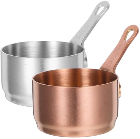 Operitacx 2 Pcs Stainless Steel Sauce Pots with Handle, 50ml 3.7 x 2.2 inch Nonstick Dipping Bowls, Small Ramekins Serving Cup for Milk Gravy Jug Soup Pot Cooking for Home Kitchen,Silver&Rose Gold