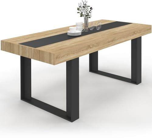 IDMarket - Rechteckiger Esstisch Phoenix 8 Personen Holz und Schwarz Mittelband schwarz 200cm