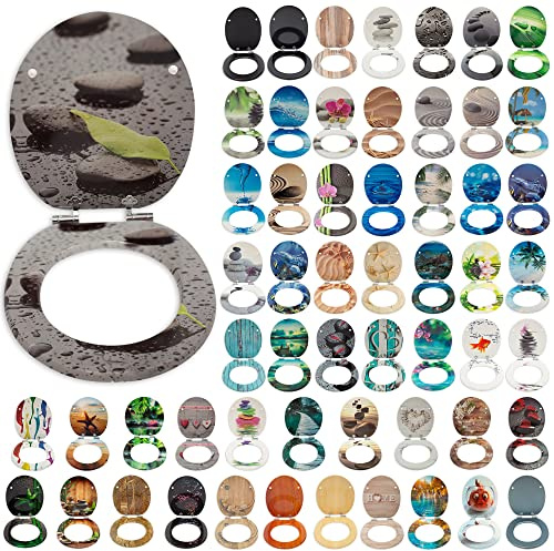 SG Traders® Toilet Seat with Soft Close - Wooden Toilet Seat Cover with Zinc Alloy Hinges, Comfortable Toilet Seat Covers with Colorful Designs Easy to Install, Assembly (Pebble Leaf)