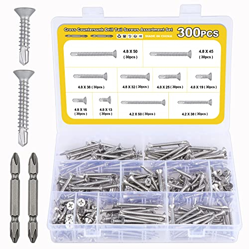 HSEMALL 300PCS Selbstschneidende Schrauben ，M4.2, M4.8 Phillips Senkkopf Selbstbohrende Schrauben,Edelstahl Selbstschneidende Blechschrauben,Mit zwei Cross Bits