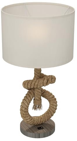 HOMCOM Nautical Table Lamp with USB Charging Port, Bedside Lamp for Bedroom Living Room, Warm White LED Bulb Included, with Hemp Rope, Natural
