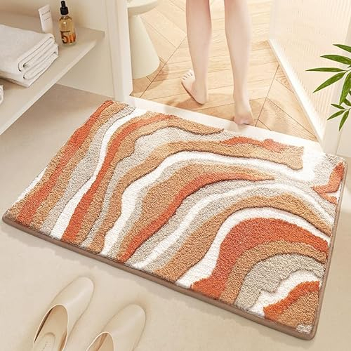 Badezimmerteppich Orange, Grau, Weiß Badematte rutschfest Flauschig,Badteppich Waschbar,Teppich Badezimmer, Weiche Mikrofaser Bad Teppich,Badezimmer Teppiche