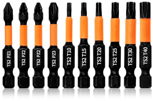 Hilpaty Jeu de 10 Embout Visseuse Torx et Pozidriv Longueur 50mm Bit de Tournevis à Aimanté Choc PZ1 PZ2*2 PZ3 T10 T15 T20 T25 T30 T40, Tige Hexagonale 1/4