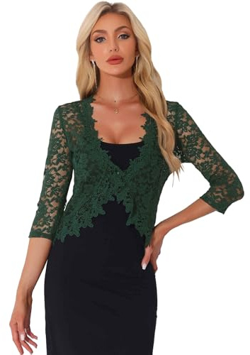 Allegra K Coprispalle in pizzo floreale per donna sera maniche a 3/4 formale elegante bolero cardigan, Verde scuro, M
