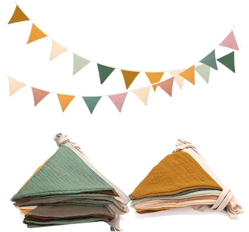2 Stück Wimpelkette Kinderzimmer Wimpelkette Stoff Wimpel Girlande 2.6m Aus Musselin 100% Baumwolle Wetterfest Reißfest Wiederverwendbar Wanddeko Geschenk Girlande Kinderzimmer Deko zum Aufhängen