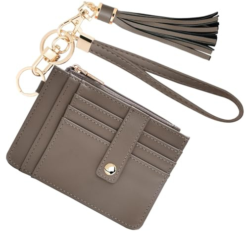 KNGITRYI Geldbörse Damen Klein RFID – Kartenetui mit Reißverschluss, Schlüsselanhänger & abnehmbarem Wristlet – Mini Portemonnaie Damen mit 8 Kartenfächern & Ausweisfenster(Betongrau)