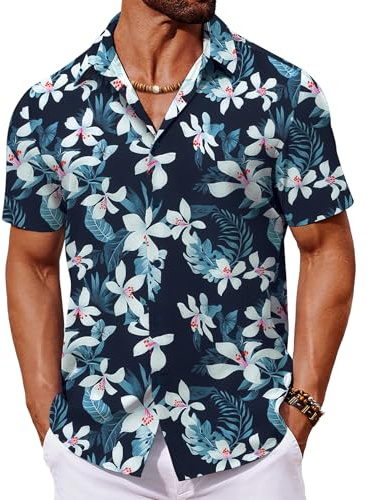 COOFANDY Camicia Uomo a Maniche Corte Camicia Hawaiana Estiva Tropicale Leggere Camicie Floreale con Bottoni Camicie da Spiaggia Fiori Bianchi Blu L