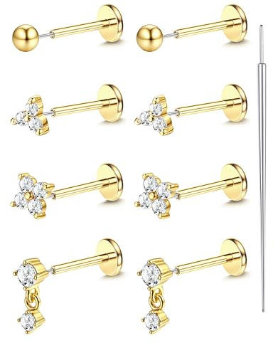 LOLIAS 18K Gold Plated Threadless Flat Back Earrings 316L Surgical Steel Push in Nose Studs Rings 20G Flower CZ Tragus Cartilage Helix Conch Lip Labret Medusa Nostril Piercing Jewelry Hypoallergenic