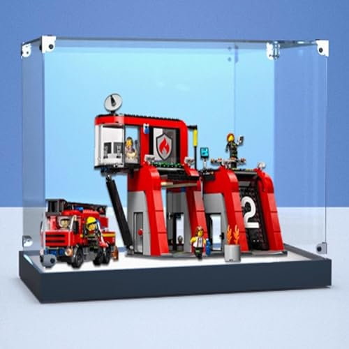 Genomskinligt akryl displayfodral, för Lego 60414 moderniserande brandstationer modell, klar låda, förvaringsbox, displaybox, kompatibel med 60414 modell. (endast Displaybox) (Frostad svart)