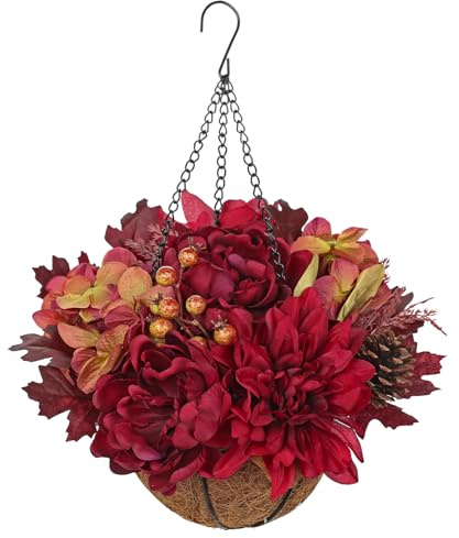 Oairse Hydrangea Sunflowers Artificial Flowers Fall Hanging Sunflowers Flowers Red Orange Fake Hydrangea Faux Plants Baskets Indoor Outdoor Decoration UV Resistant for Porch Patio Autumn Home Decor