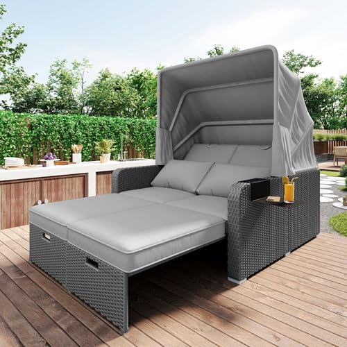 Merax Polyrattan Sonnenliege mit Baldachin, Outdoor Doppelliege mit Kissen, Rattan-Lounge, Gartenliege Liegen mit Getränkehalter, Daybed für Schwimmbad und Terrasse, Lehne 3-Fach verstellbar, Grau