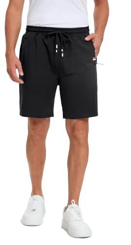 FGFD&OU Pantalón Corto Hombre Algodón Pantalones Cortos Deportivo para Correr Deporte Yoga Tiempo Libre, Bermuda de Elásticos Transpirable con Bolsillos Cremallera (Negro, L)