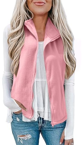 EFFAN Fleece-väst för kvinnor mjuk ärmlös jacka ytterkläder väst väst väst med blixtlåsfickor för vår och höst, Rosa, XL