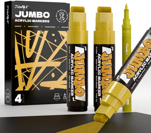 JusArt 4 Pcs Gold Jumbo Poster Marker Set, 15mm and 0.7mm Tip | Permanent Acrylic Paint Pen for Large Banners and Signs, Thick Markers for Fabric, Metal, Rock, Wood, Ceramic, Water-Based