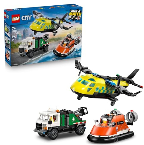 LEGO City 3-en-1 Avion, Camion d’Assistance et Aéroglisseur Modulable - Jeu de Construction - Maquettes de Véhicules de Secours à Combiner - 3 Minifigurines - Idée Cadeau STEM pour Garçon 7 Ans 60505