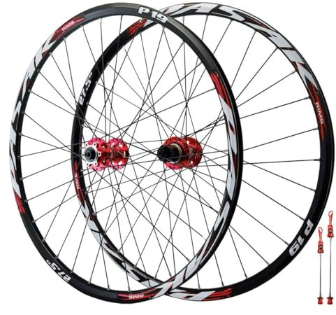 QHYRZE 26 27,5 29 Juego De Ruedas Bicicleta De Montaña Freno De Disco Rueda MTB Ultraligeras Llanta De Aleación De Aluminio 32H Delantera 100mm Trasera 135mm QR, para Cassette 7-12s(Rot,29'')