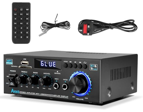 Stereo Audio Amplifier, Bluetooth 2.0 Amplifier HiFi for Speakers FM Radio, LCD Display & Remote Control, FM Radio Karaoke, USB/SD/RCA/MIC/FM in, for Home Speakers 40W x 2 with Power Amplifier