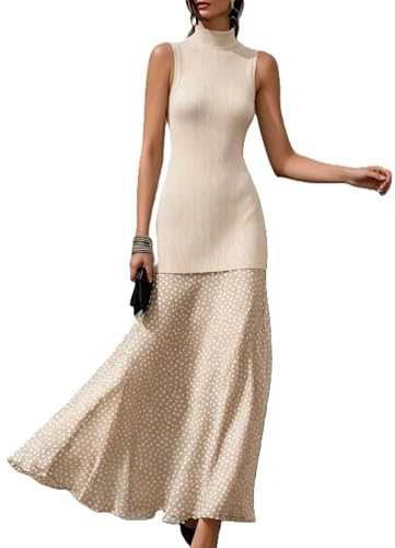 Generisch Stylish Ribbed Fitted Women's Dress, Sleeveless Casual Summer Dress, Elegant Hand Knitted Maxi Dress with Stand-Up Collar and Polka Dots, Styles 1, S