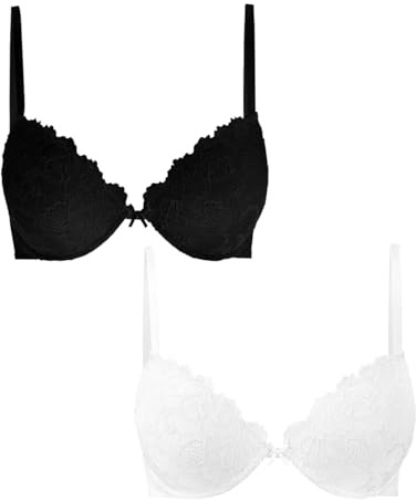 Cotonella Confezione da 2 Pezzi (Bianco E Nero) - Reggiseno Daniela Push UP in Coppa B. Preformato in Morbido Pizzo con Imbottitura al Gel.