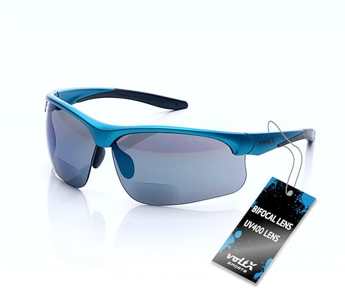 voltX Constructor ULTIMATE Lunettes de sécurité Bifocales avec aide à la lecture (Monture bleue/Verres miroir bleus, dioptrie +1.5) CE EN166FT Lunettes de sport Bifocales PREMIUM, UV400