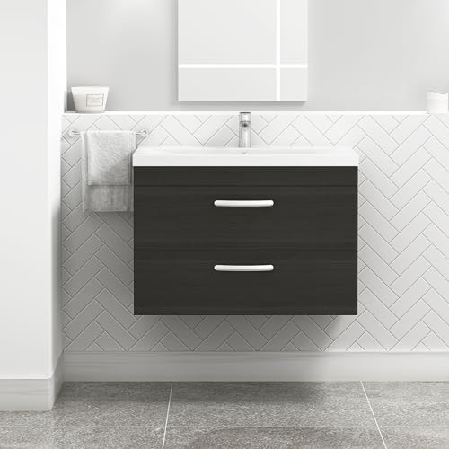 Royal Bathrooms 800mm Wall Hung Bathroom Vanity Unit Mid Edge Basin 2 Drawers Storage Cabinet Furniture - Hale Black
